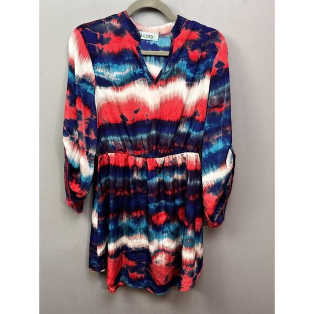 Karlie Dress Womens Medium Roll Tab Sleeves Blue‎ Watercolor Colorful Office